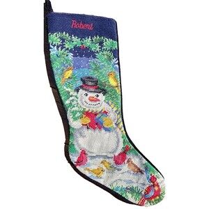 Lands' End Needlepoint Christmas Stocking ROBERT Snowman Wool Discontinued C3